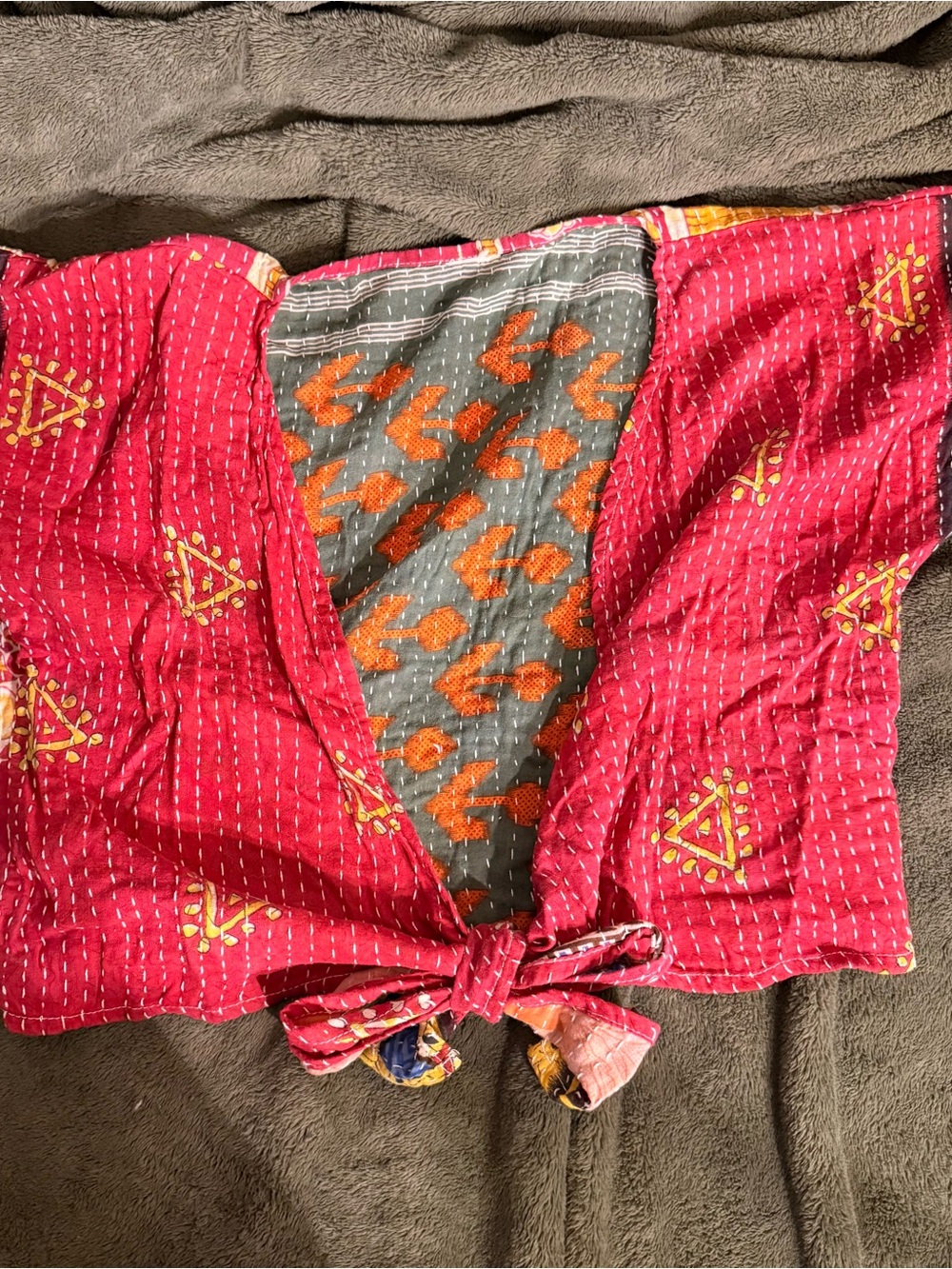 Reversible Patchwork Tie-Front Crop Top in Pink and Gray